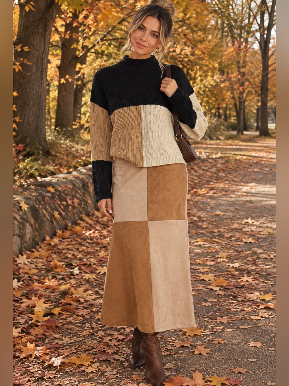 2pc set velvet Skirt - Brown/Tan with a sweater